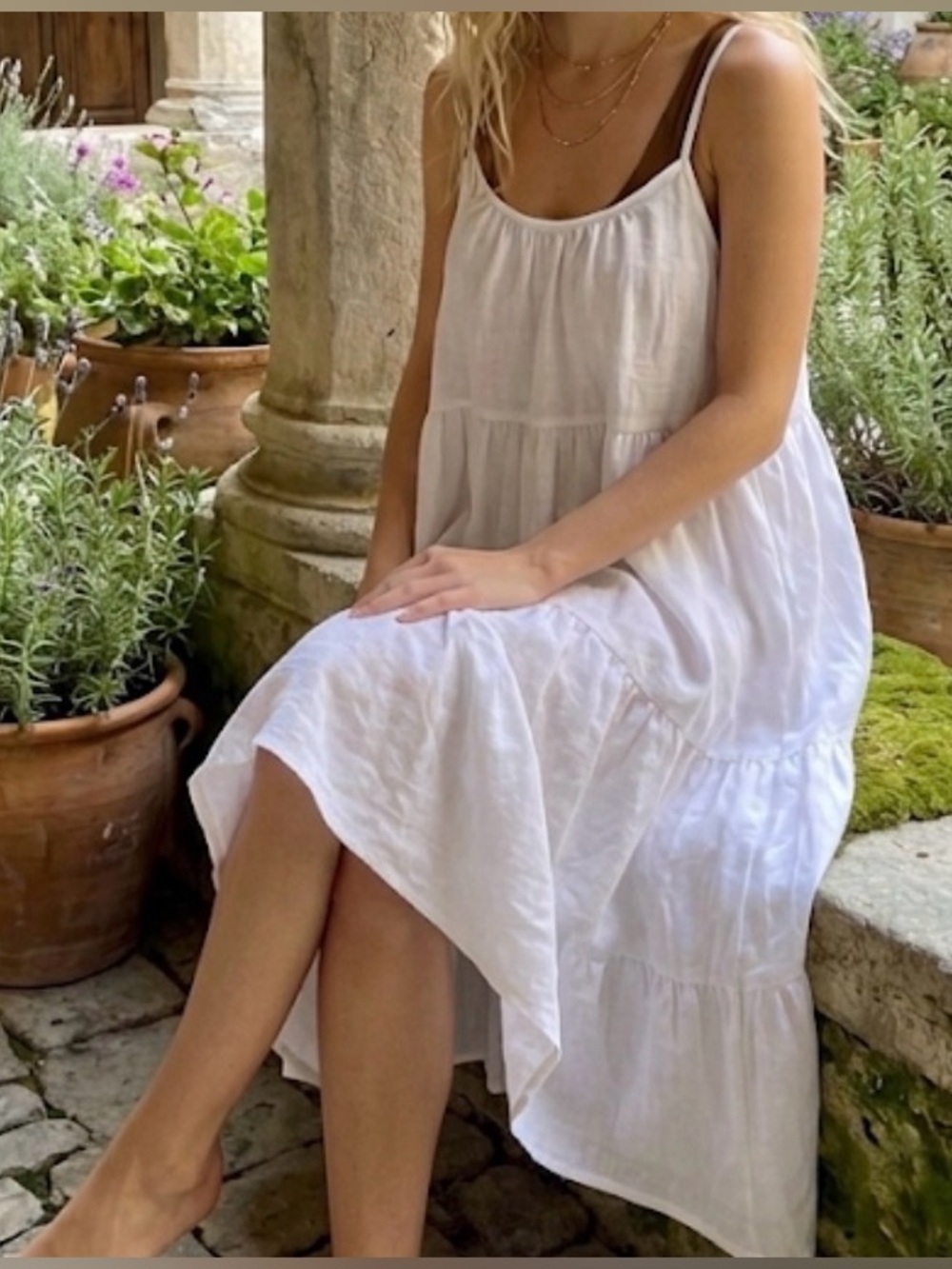 Valentina Naldi 100% Linen Tiered Cami Midi Dress White Made in Italy Large